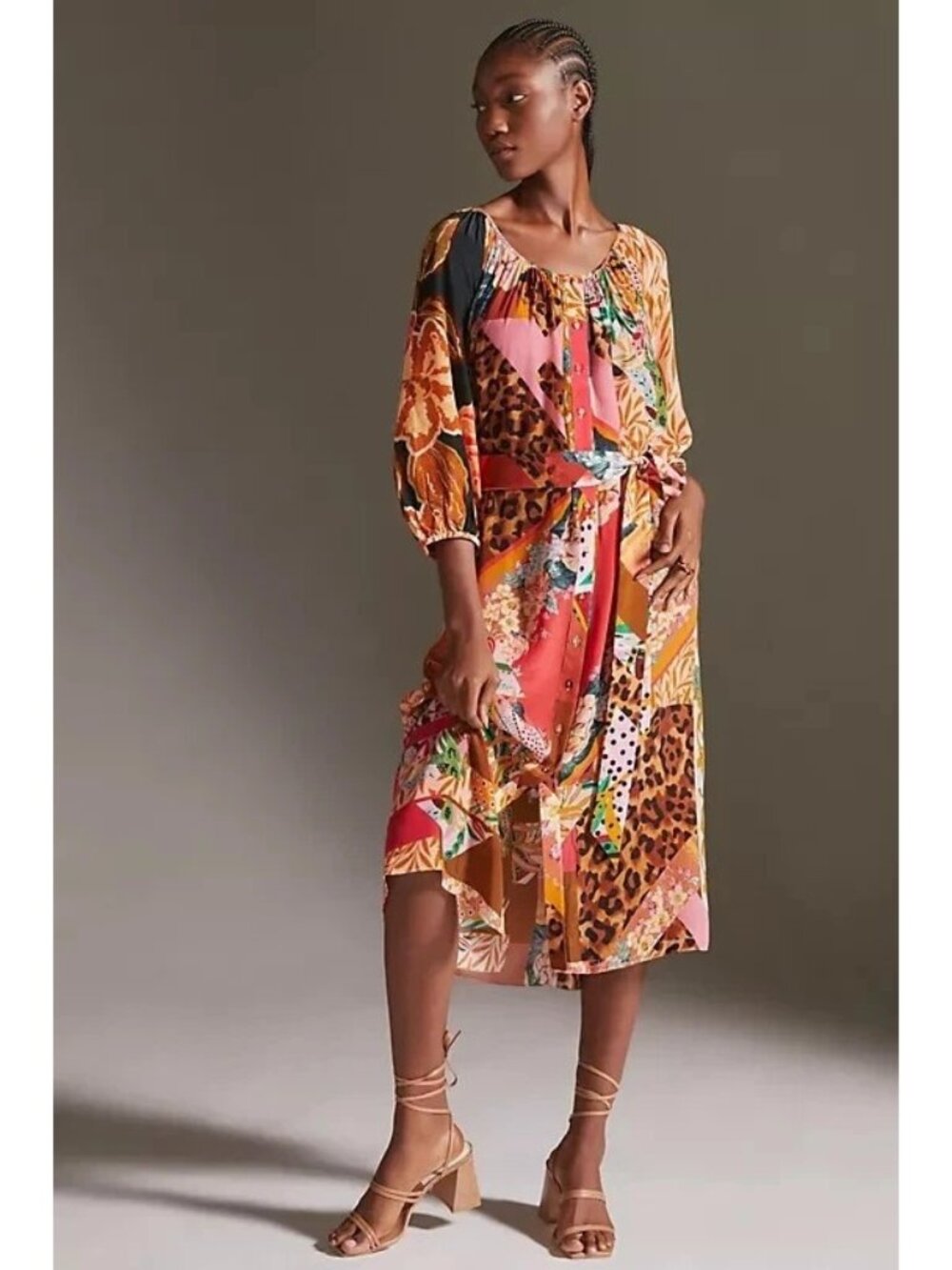 Geisha Designs Small Patchwork Midi Dress Multicolor Lyocell Blend Boho Chic